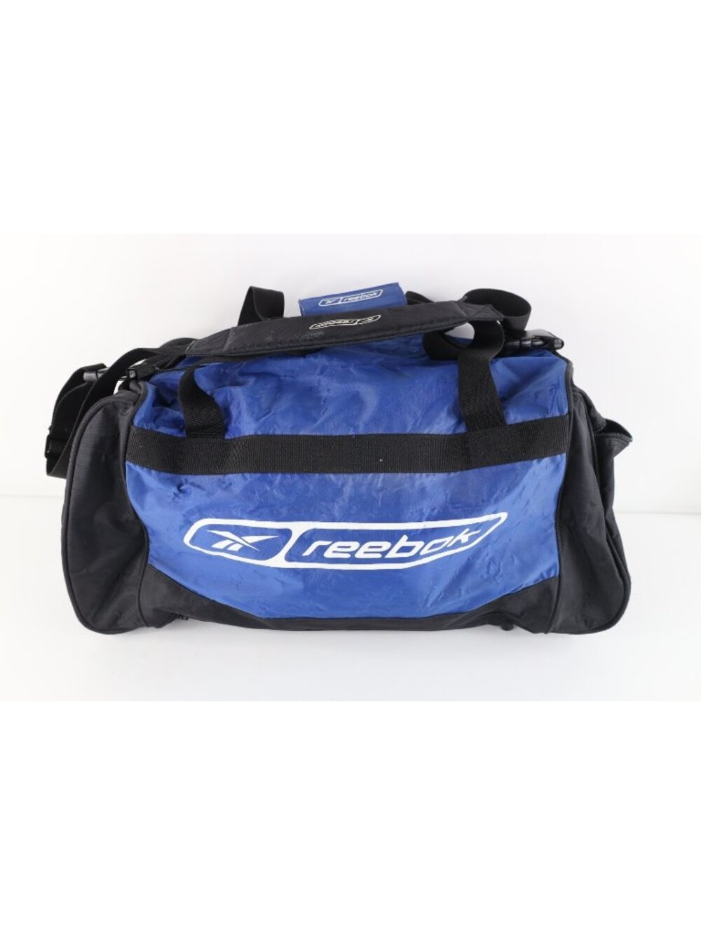 Vintage 90s Reebok Distressed Spell Out Handled Duffel Bag Gym Carry On Blue